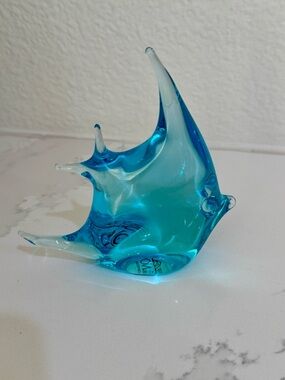 Murano-Style Aqua/Blue Glass Angel Fish Sculpture  Handcrafted